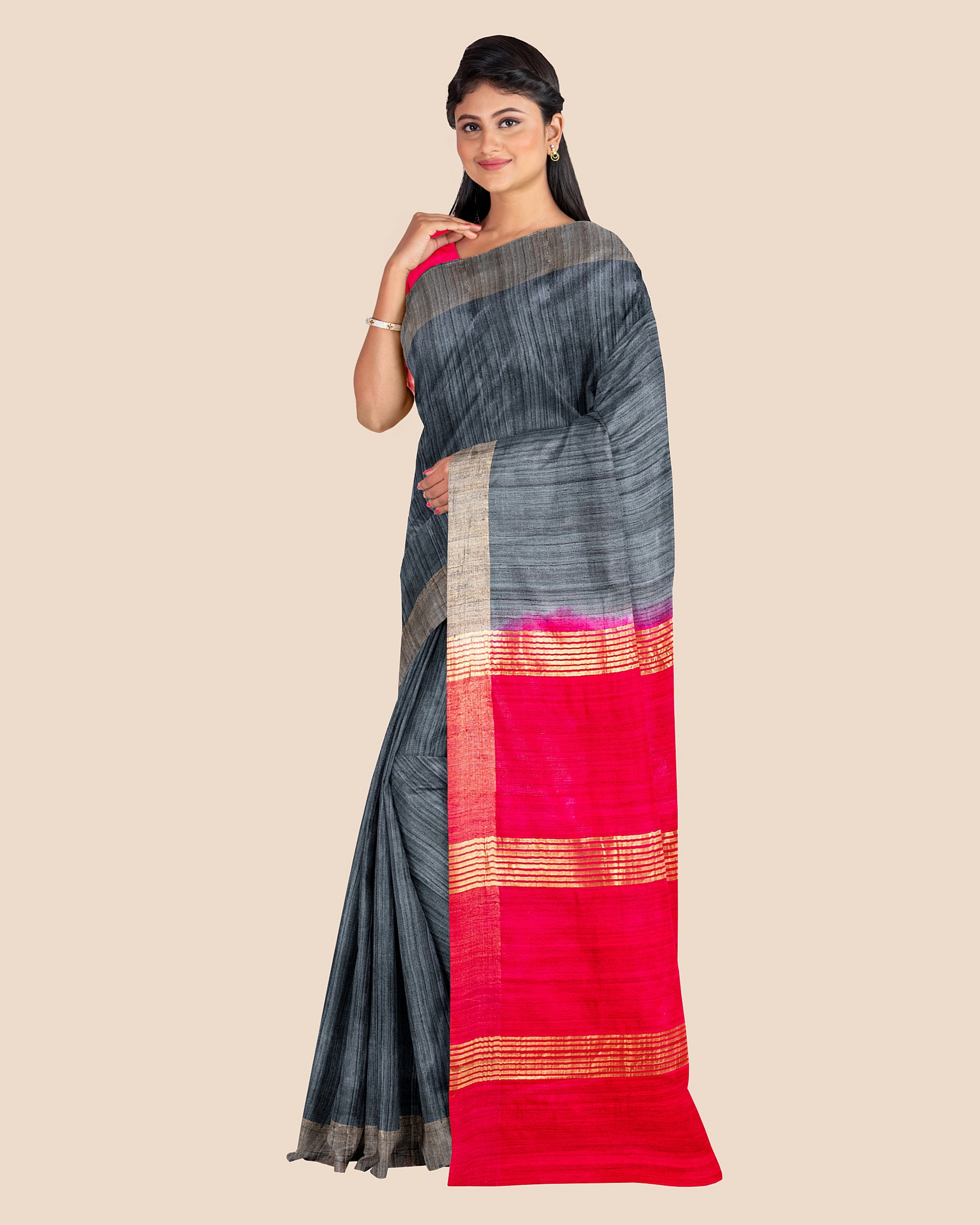 Slate Grey Handwoven Tussar Ghicha Silk Saree with Reddish Pink Golden Zari Pallu and Blouse Piece-8