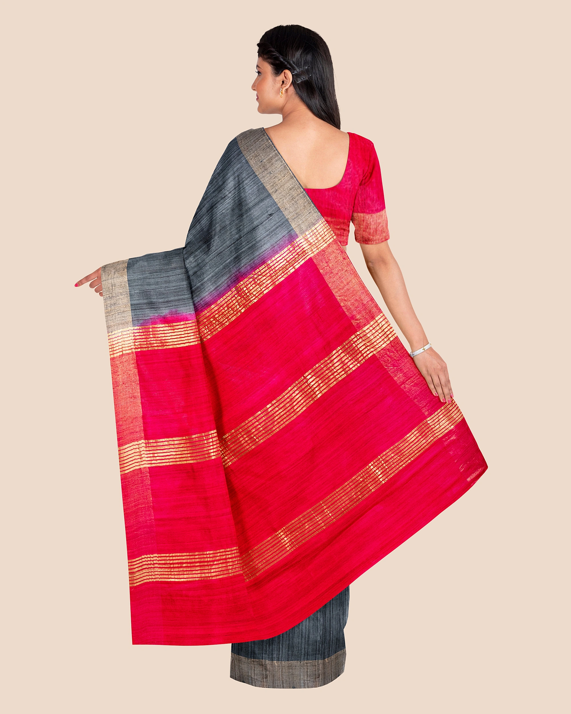 Slate Grey Handwoven Tussar Ghicha Silk Saree with Reddish Pink Golden Zari Pallu and Blouse Piece-7