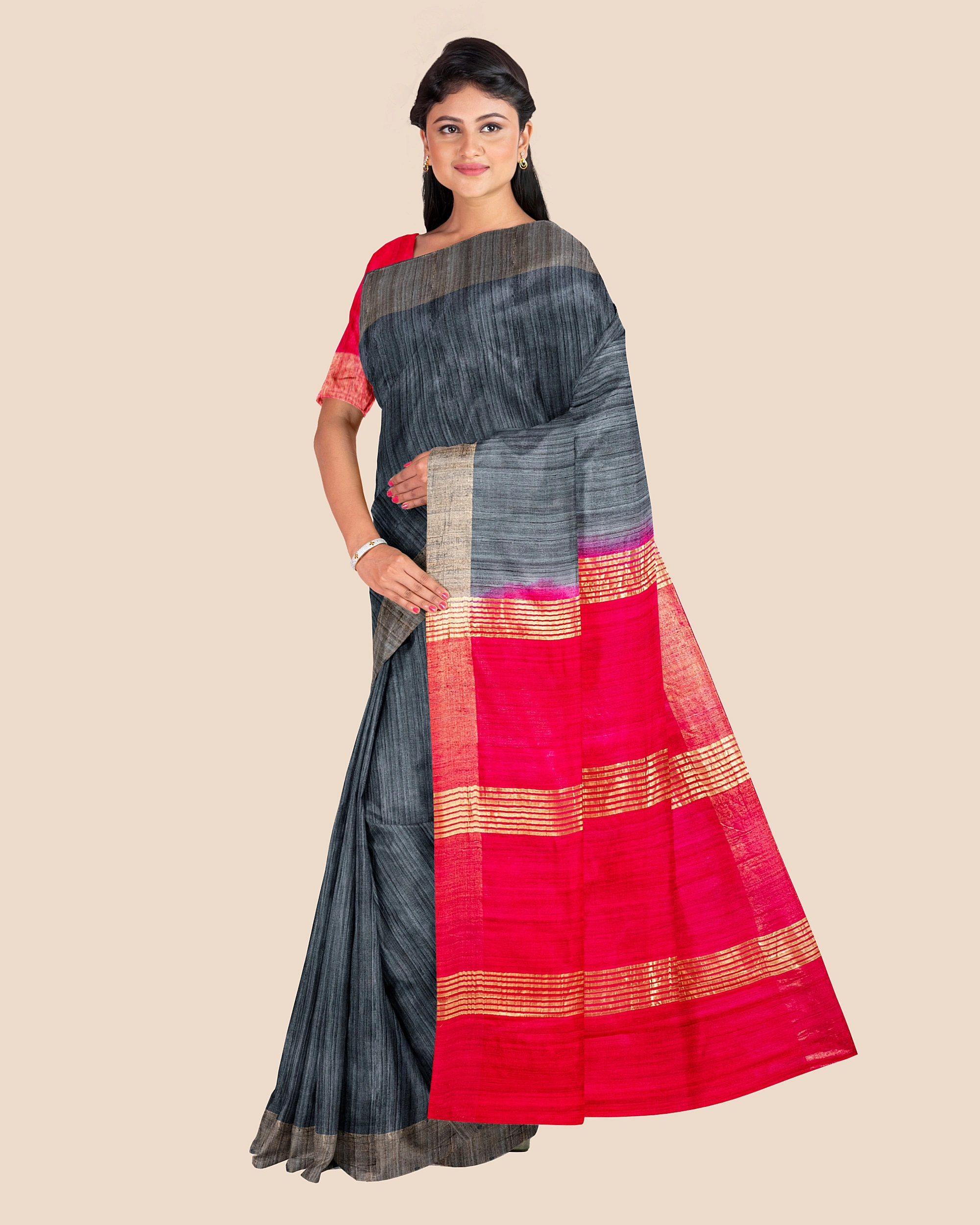 Slate Grey Handwoven Tussar Ghicha Silk Saree with Reddish Pink Golden Zari Pallu and Blouse Piece-9