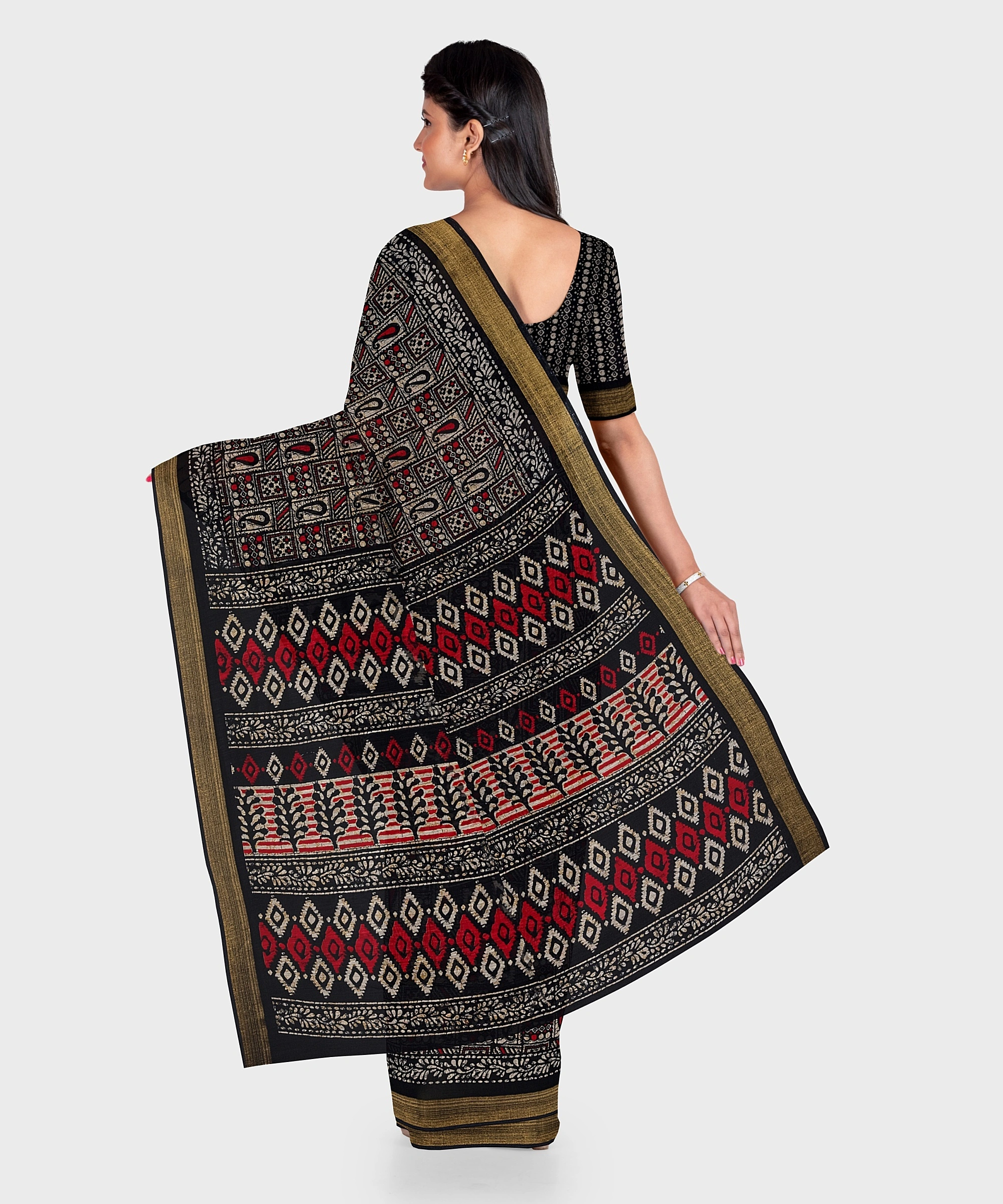 Black Chanderi Print Cotton Silk Kota Saree with Blouse piece-1