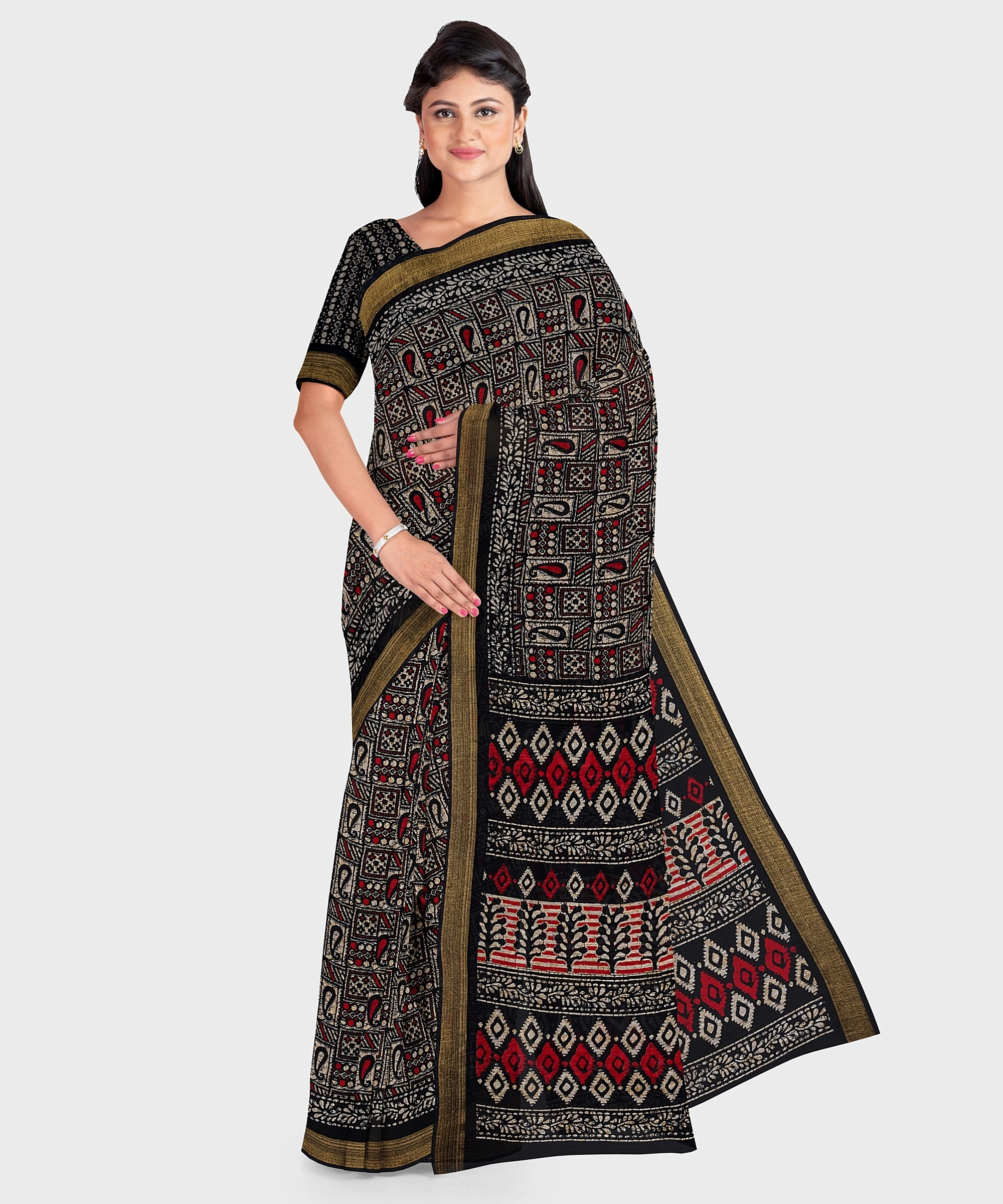 Black Chanderi Print Cotton Silk Kota Saree with Blouse piece-LAACSKOTA003