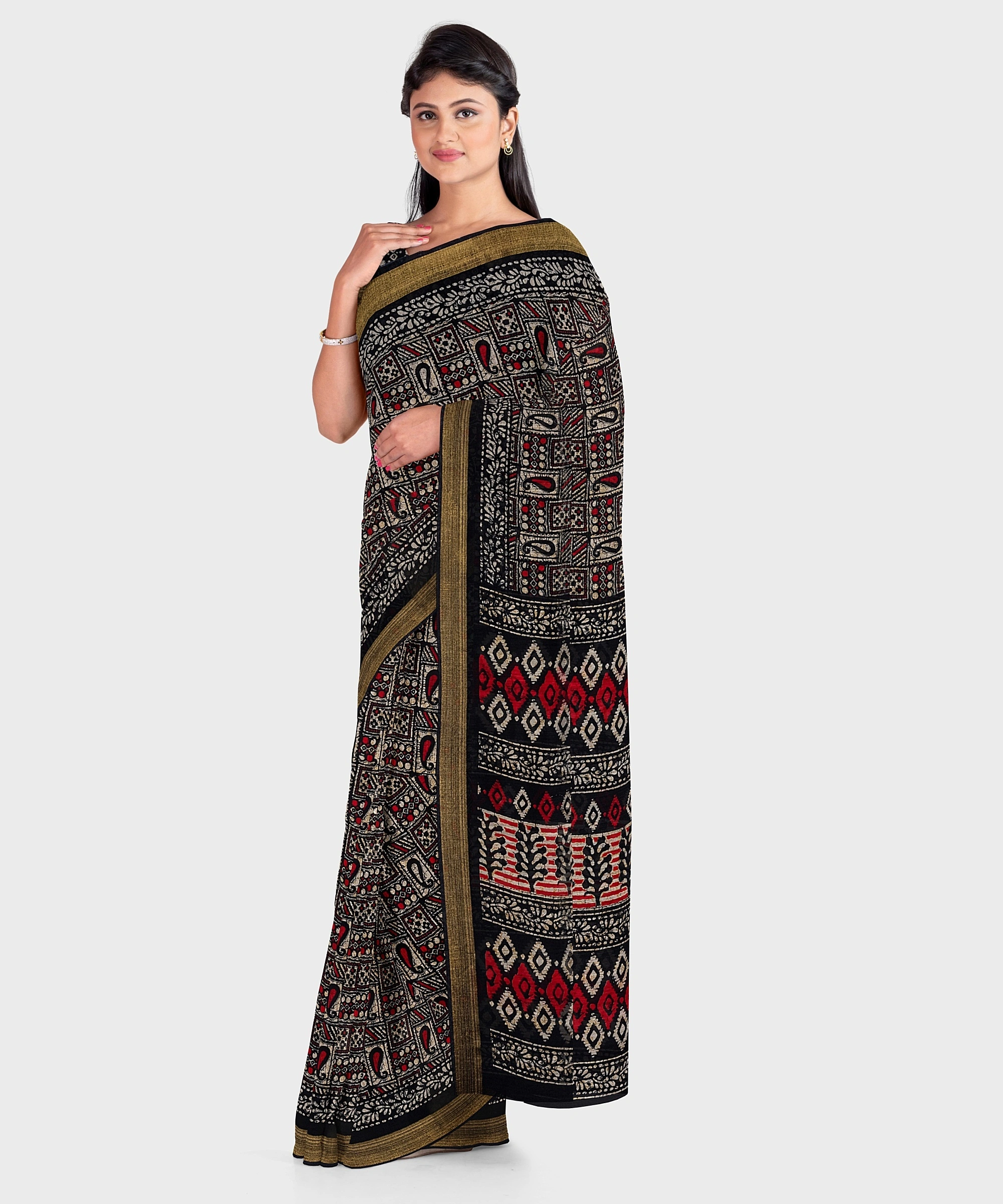 Black Chanderi Print Cotton Silk Kota Saree with Blouse piece-2