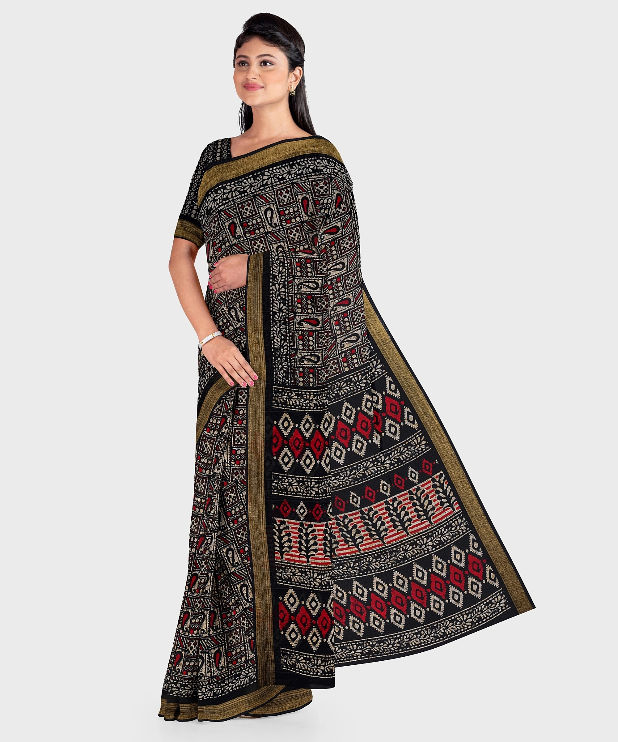 Black Chanderi Print Cotton Silk Kota Saree with Blouse piece-3