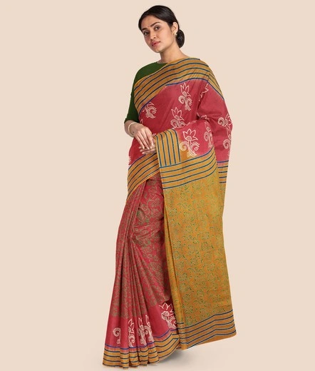 Printed Mulmul Cotton Saree (Red)-2