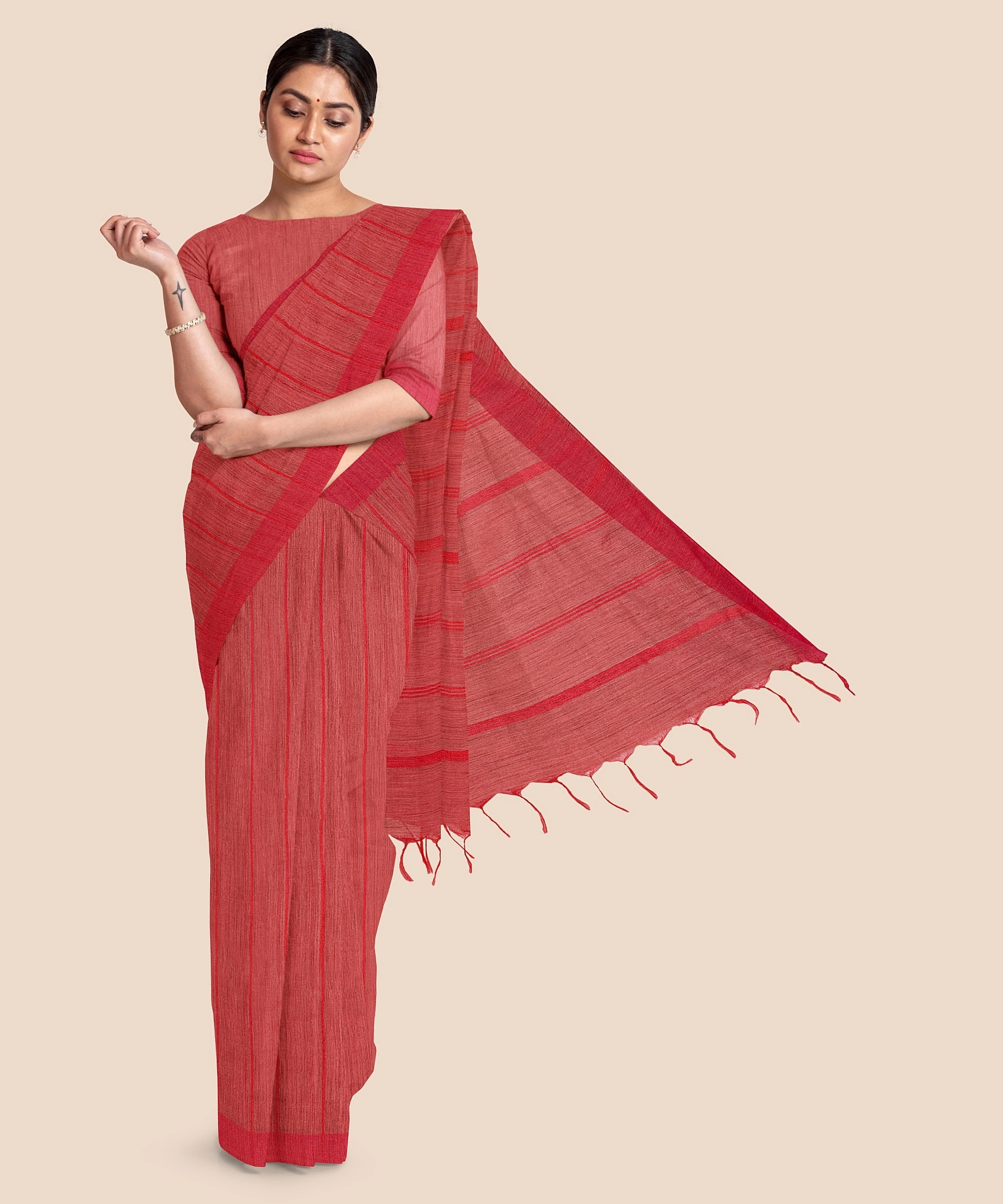 Handloom Bhagalpuri Cotton Ghicha Saree in Red-LAABPLC002