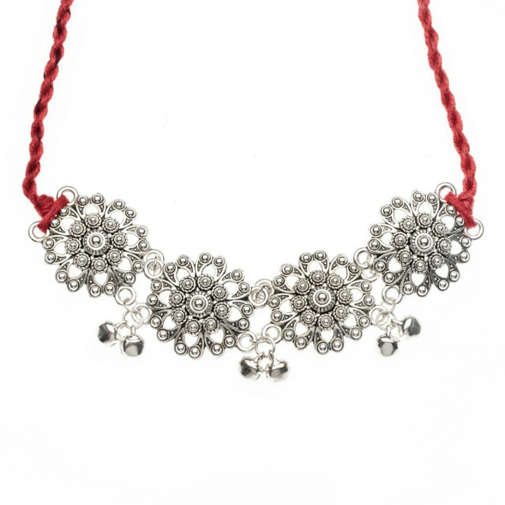 Designer German Silver Floral Choker with Adjustable Red Dori and ghungroo-2