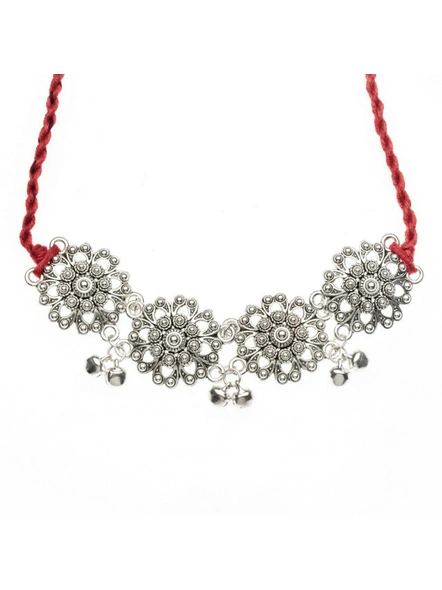 Designer German Silver Floral Choker with Adjustable Red Dori and ghungroo-2