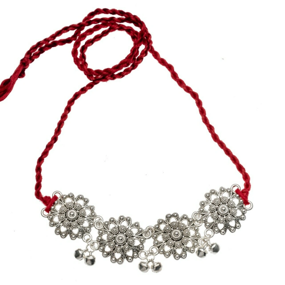 Designer German Silver Floral Choker with Adjustable Red Dori and ghungroo-LAANSNL015