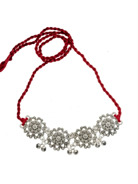 Designer German Silver Floral Choker with Adjustable Red Dori and ghungroo-LAANSNL015