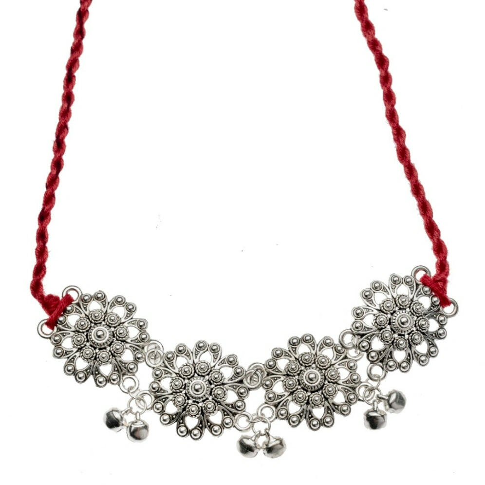 Designer German Silver Floral Choker with Adjustable Red Dori and ghungroo-1