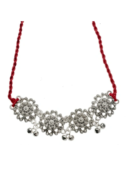 Designer German Silver Floral Choker with Adjustable Red Dori and ghungroo-1