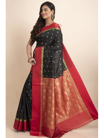 Black with Red Border Garad Kanchipuram Style Golden Zari Work Silk Blend Saree with Blouse Piece-Black-Art Silk-Free-Female-Adult-2