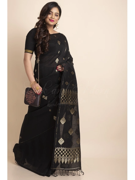 Handwoven Black Soft Golden Zari Organic Linen Saree with Blouse piece-LAAOLSWBP002