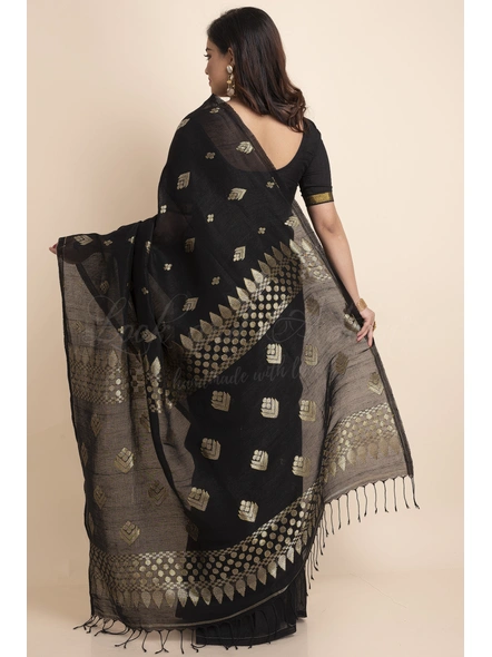 Handwoven Black Soft Golden Zari Organic Linen Saree with Blouse piece-Black-Free-Linen-Female-Adult-1