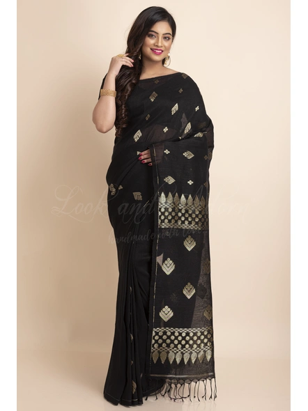 Handwoven Black Soft Golden Zari Organic Linen Saree with Blouse piece-Black-Free-Linen-Female-Adult-2