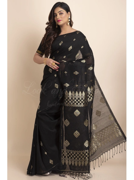 Handwoven Black Soft Golden Zari Organic Linen Saree with Blouse piece-Black-Free-Linen-Female-Adult-4