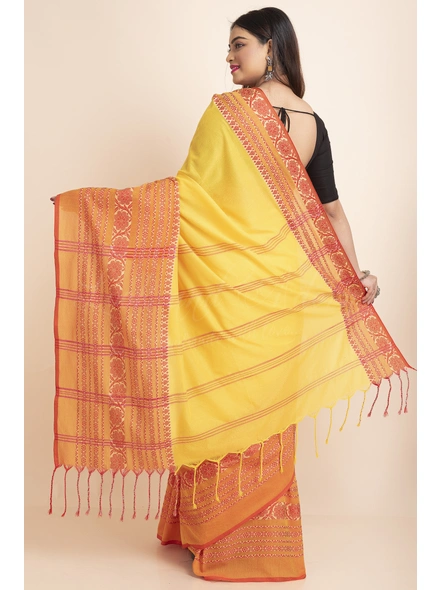 Yellow Red Handwoven Cotton Begumpuri Mahapaar Saree with Blouse Piece-Yellow-Free-Khadi Cotton-Female-Adult-Sari-1