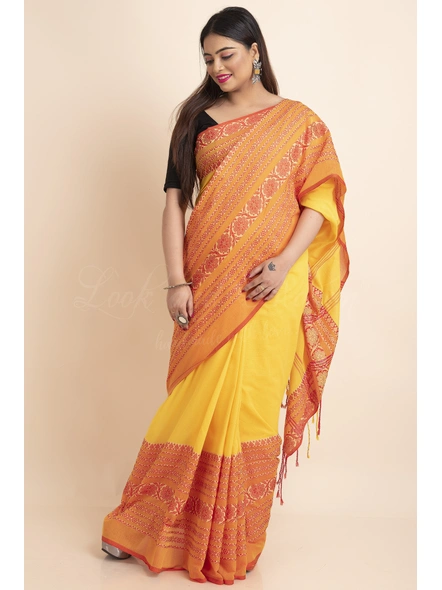 Yellow Red Handwoven Cotton Begumpuri Mahapaar Saree with Blouse Piece-Yellow-Free-Khadi Cotton-Female-Adult-Sari-2