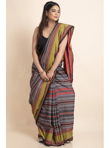 Grey Multicolor Stripe Handwoven Cotton Begumpuri Mahapaar Saree with Blouse Piece-LAAHKBSWBP017