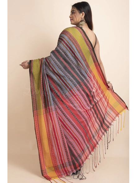 Grey Multicolor Stripe Handwoven Cotton Begumpuri Mahapaar Saree with Blouse Piece-Grey-Free-Cotton-Female-Adult-Sari-1