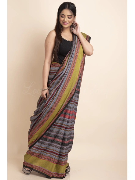 Grey Multicolor Stripe Handwoven Cotton Begumpuri Mahapaar Saree with Blouse Piece-Grey-Free-Cotton-Female-Adult-Sari-2