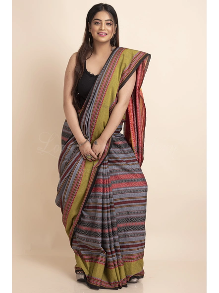 Grey Multicolor Stripe Handwoven Cotton Begumpuri Mahapaar Saree with Blouse Piece-Grey-Free-Cotton-Female-Adult-Sari-3