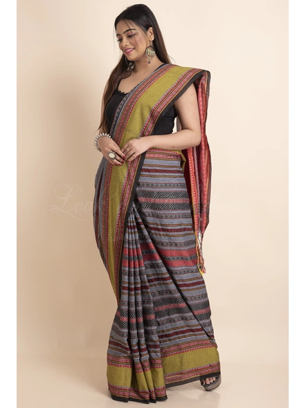 Grey Multicolor Stripe Handwoven Cotton Begumpuri Mahapaar Saree with Blouse Piece-Grey-Free-Cotton-Female-Adult-Sari-4