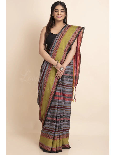 Grey Multicolor Stripe Handwoven Cotton Begumpuri Mahapaar Saree with Blouse Piece-Grey-Free-Cotton-Female-Adult-Sari-5