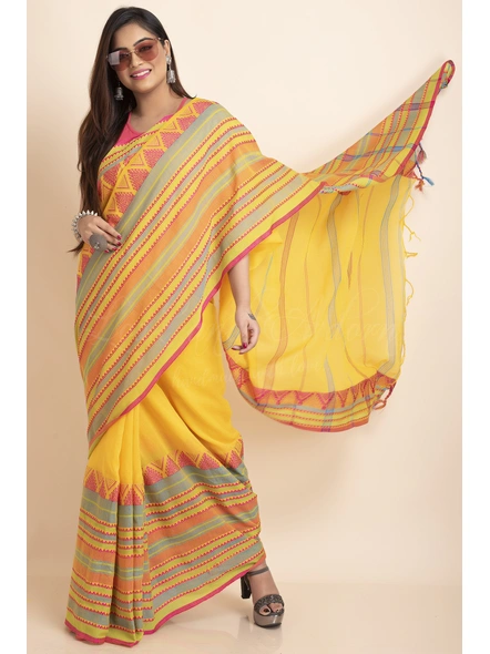 Yellow Multicolor Stripe Handwoven Cotton Begumpuri Mahapaar Saree with Blouse Piece-LAAHKBSWBP018