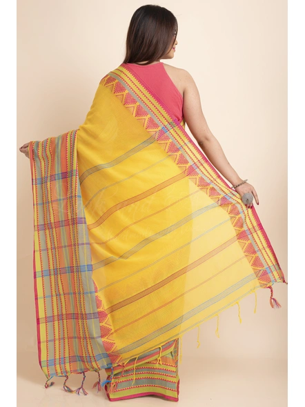 Yellow Multicolor Stripe Handwoven Cotton Begumpuri Mahapaar Saree with Blouse Piece-Yellow-Free-Cotton-Female-Adult-Sari-1