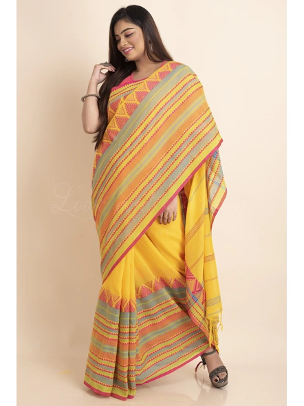 Yellow Multicolor Stripe Handwoven Cotton Begumpuri Mahapaar Saree with Blouse Piece-Yellow-Free-Cotton-Female-Adult-Sari-3