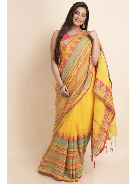 Yellow Multicolor Stripe Handwoven Cotton Begumpuri Mahapaar Saree with Blouse Piece-Yellow-Free-Cotton-Female-Adult-Sari-4