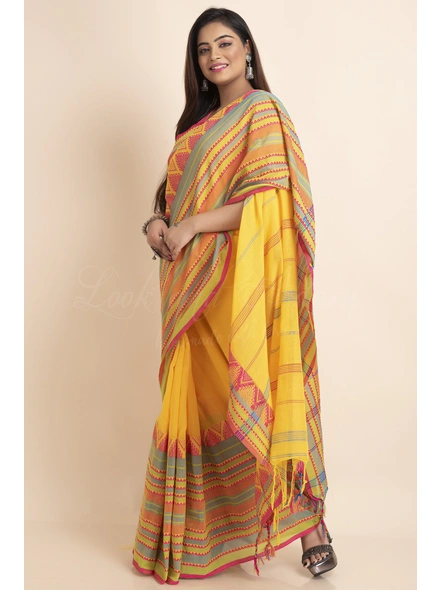 Yellow Multicolor Stripe Handwoven Cotton Begumpuri Mahapaar Saree with Blouse Piece-Yellow-Free-Cotton-Female-Adult-Sari-5