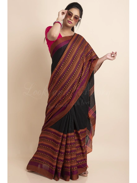 Black Orange Handwoven Cotton Begumpuri Mahapaar Saree with Blouse Piece-LAAHKBSWBP019