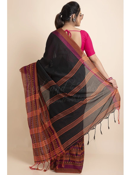 Black Orange Handwoven Cotton Begumpuri Mahapaar Saree with Blouse Piece-Black-Free-Cotton-Female-Adult-Sari-1
