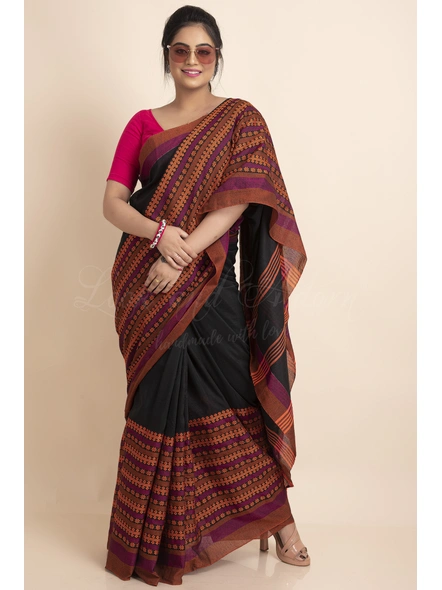 Black Orange Handwoven Cotton Begumpuri Mahapaar Saree with Blouse Piece-Black-Free-Cotton-Female-Adult-Sari-2
