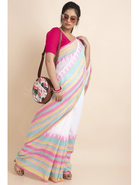 White Handwoven Khadi Cotton Begumpuri Multicolor Stripe Mahapaar Saree with Blouse Piece-LAAHKBSWBP020