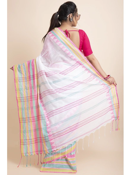 White Handwoven Khadi Cotton Begumpuri Multicolor Stripe Mahapaar Saree with Blouse Piece-White-Free-Khadi Cotton-Female-Adult-1