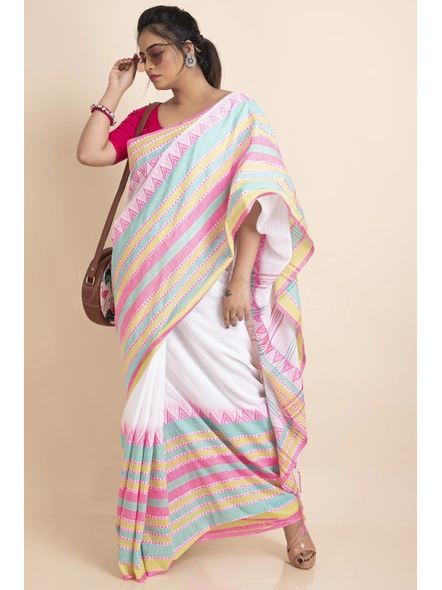 White Handwoven Khadi Cotton Begumpuri Multicolor Stripe Mahapaar Saree with Blouse Piece-White-Free-Khadi Cotton-Female-Adult-2
