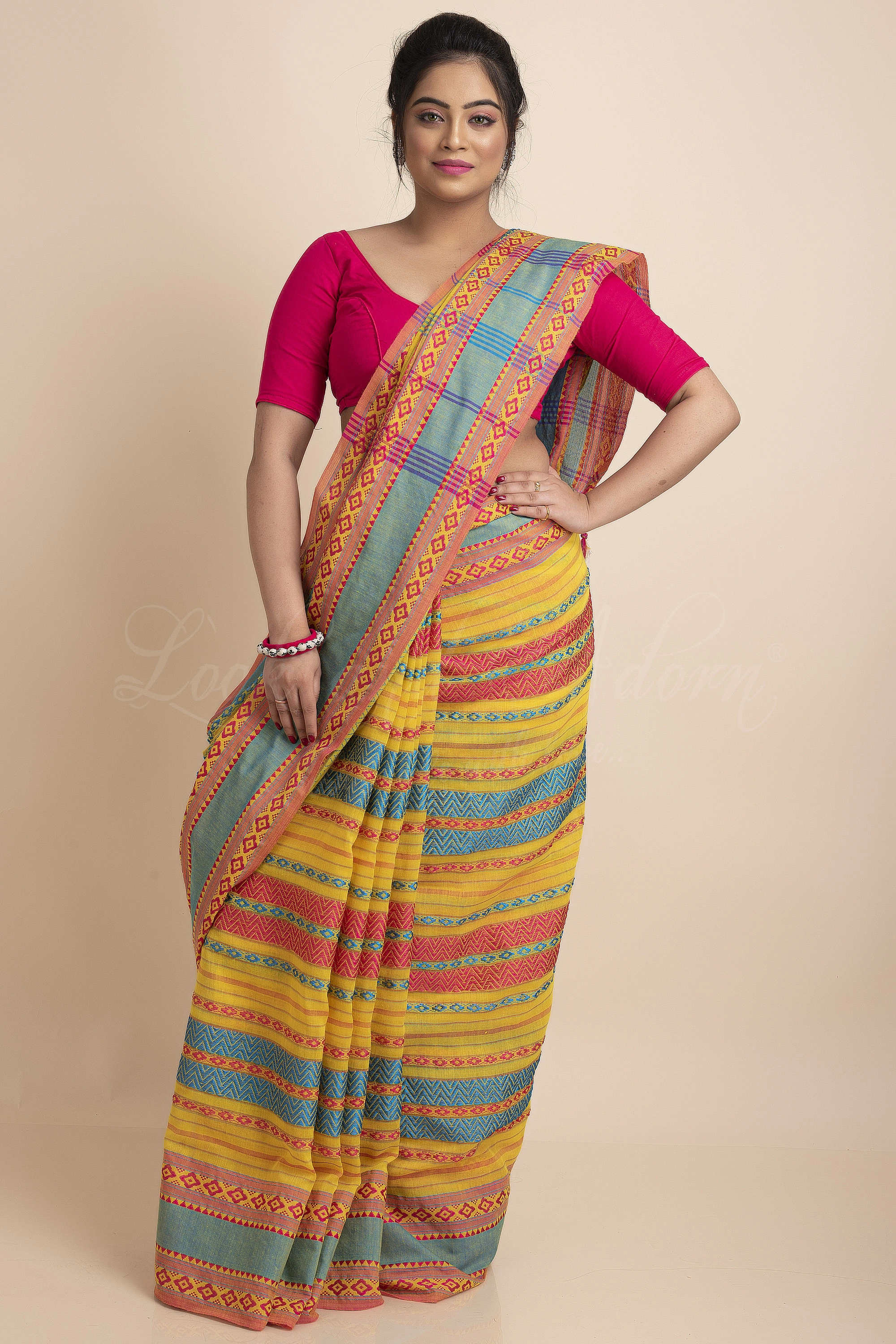 Yellow Blue Red Stripe Handwoven Cotton Begumpuri Mahapaar Saree with Blouse Piece-LAAHKBSWBP021