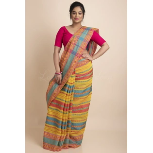 Yellow Blue Red Stripe Handwoven Cotton Begumpuri Mahapaar Saree with Blouse Piece