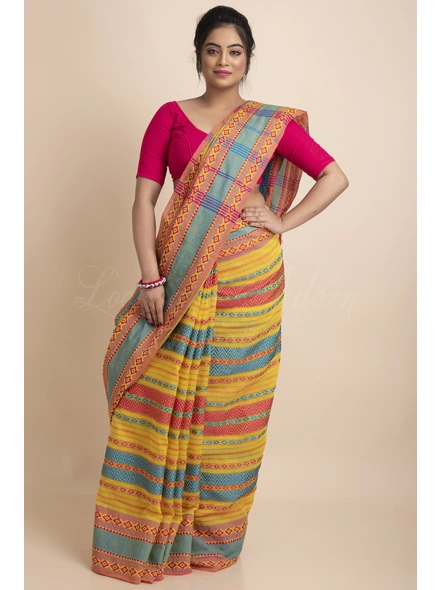 Yellow Blue Red Stripe Handwoven Cotton Begumpuri Mahapaar Saree with Blouse Piece-LAAHKBSWBP021