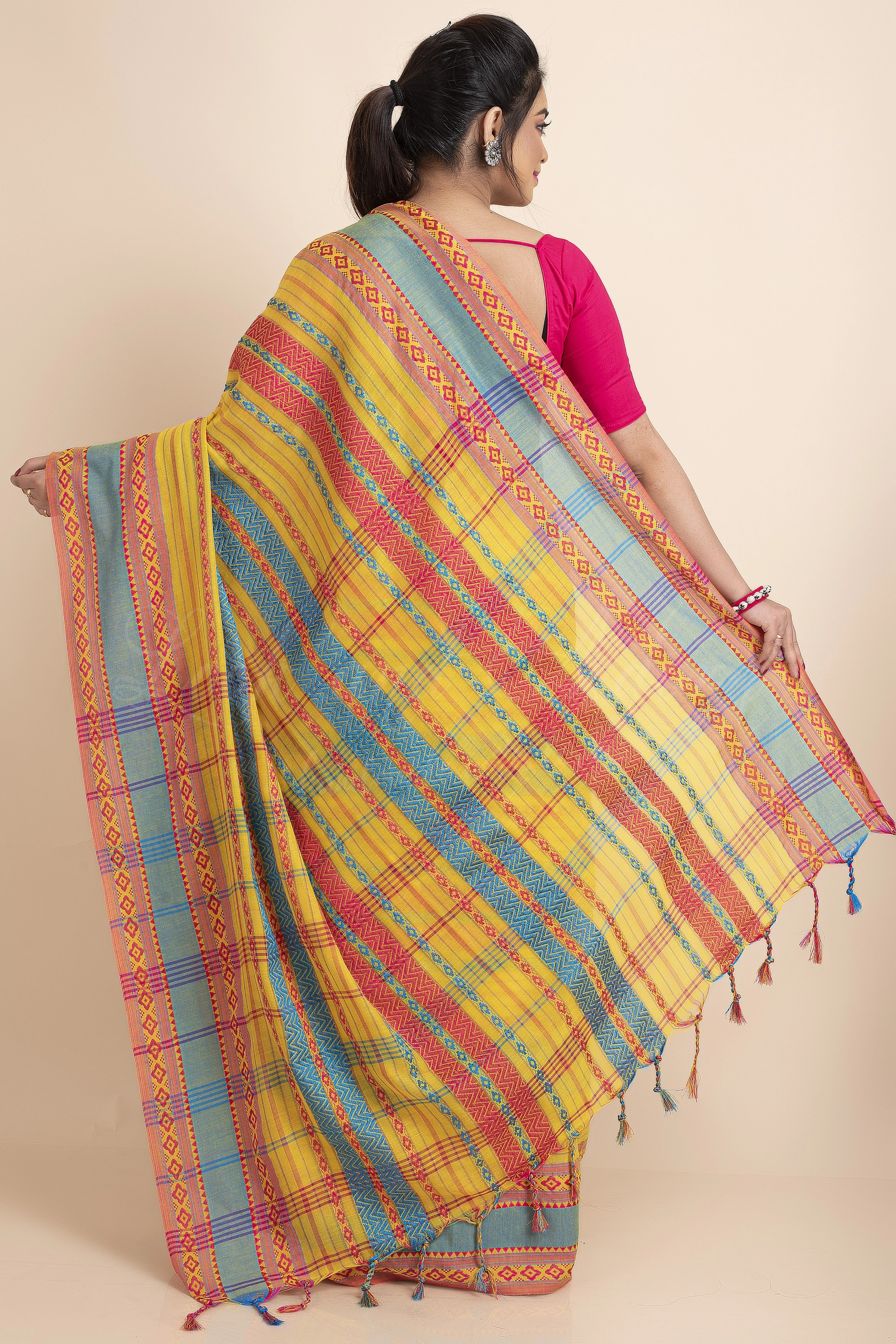 Yellow Blue Red Stripe Handwoven Cotton Begumpuri Mahapaar Saree with Blouse Piece-Yellow-Free-Cotton-Female-Adult-Sari-1