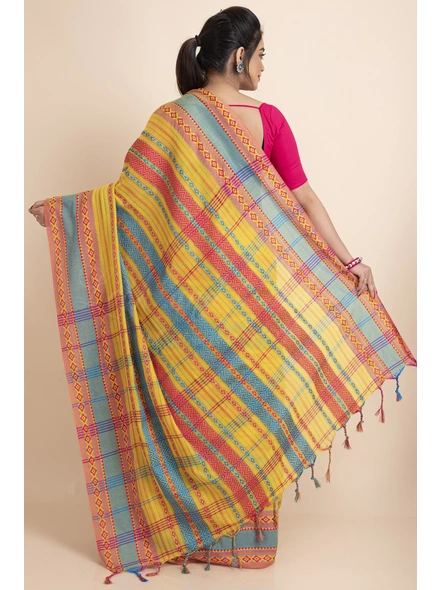 Yellow Blue Red Stripe Handwoven Cotton Begumpuri Mahapaar Saree with Blouse Piece-Yellow-Free-Cotton-Female-Adult-Sari-1