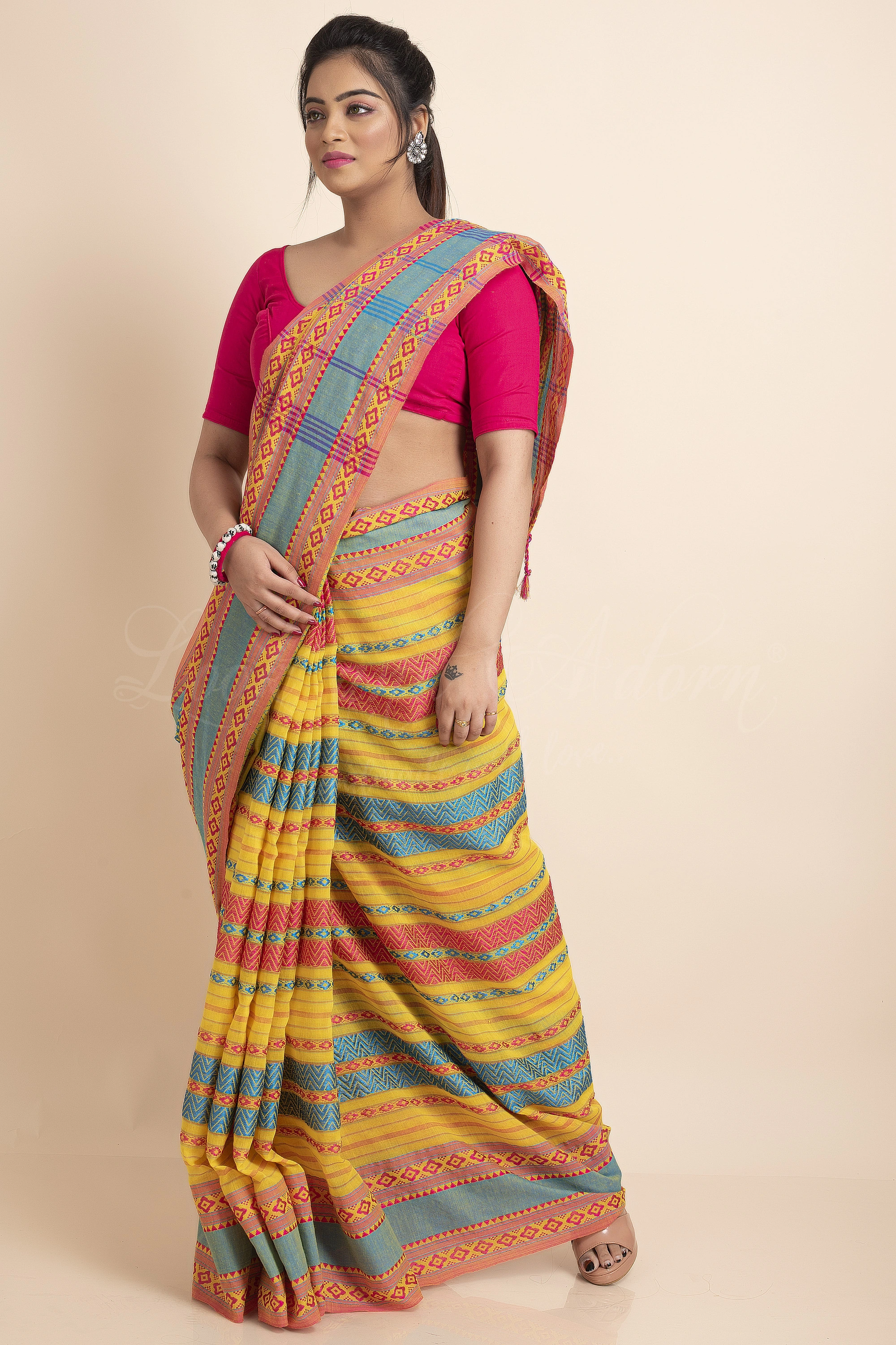 Yellow Blue Red Stripe Handwoven Cotton Begumpuri Mahapaar Saree with Blouse Piece-Yellow-Free-Cotton-Female-Adult-Sari-2