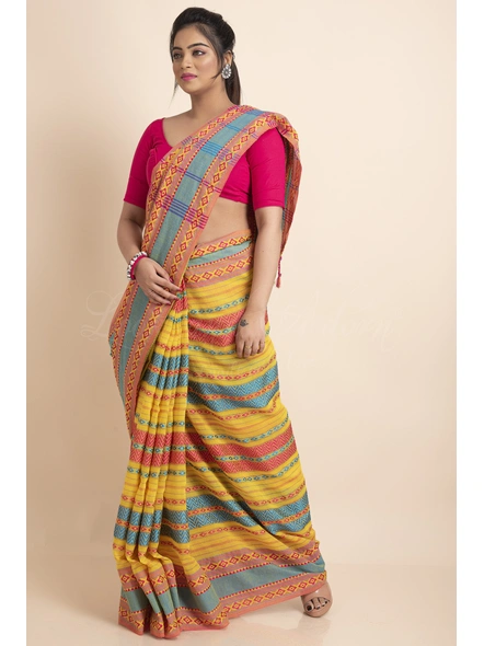 Yellow Blue Red Stripe Handwoven Cotton Begumpuri Mahapaar Saree with Blouse Piece-Yellow-Free-Cotton-Female-Adult-Sari-2