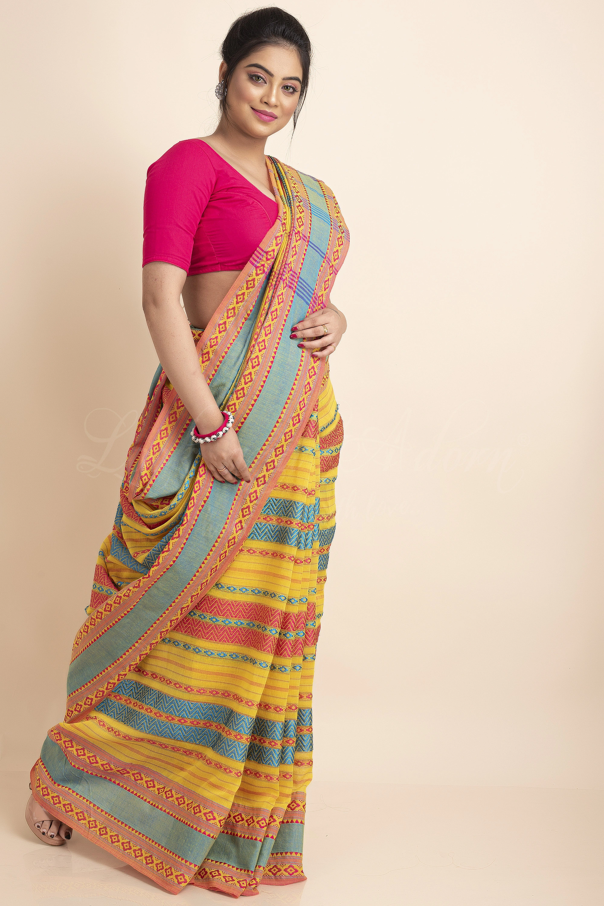 Yellow Blue Red Stripe Handwoven Cotton Begumpuri Mahapaar Saree with Blouse Piece-Yellow-Free-Cotton-Female-Adult-Sari-3