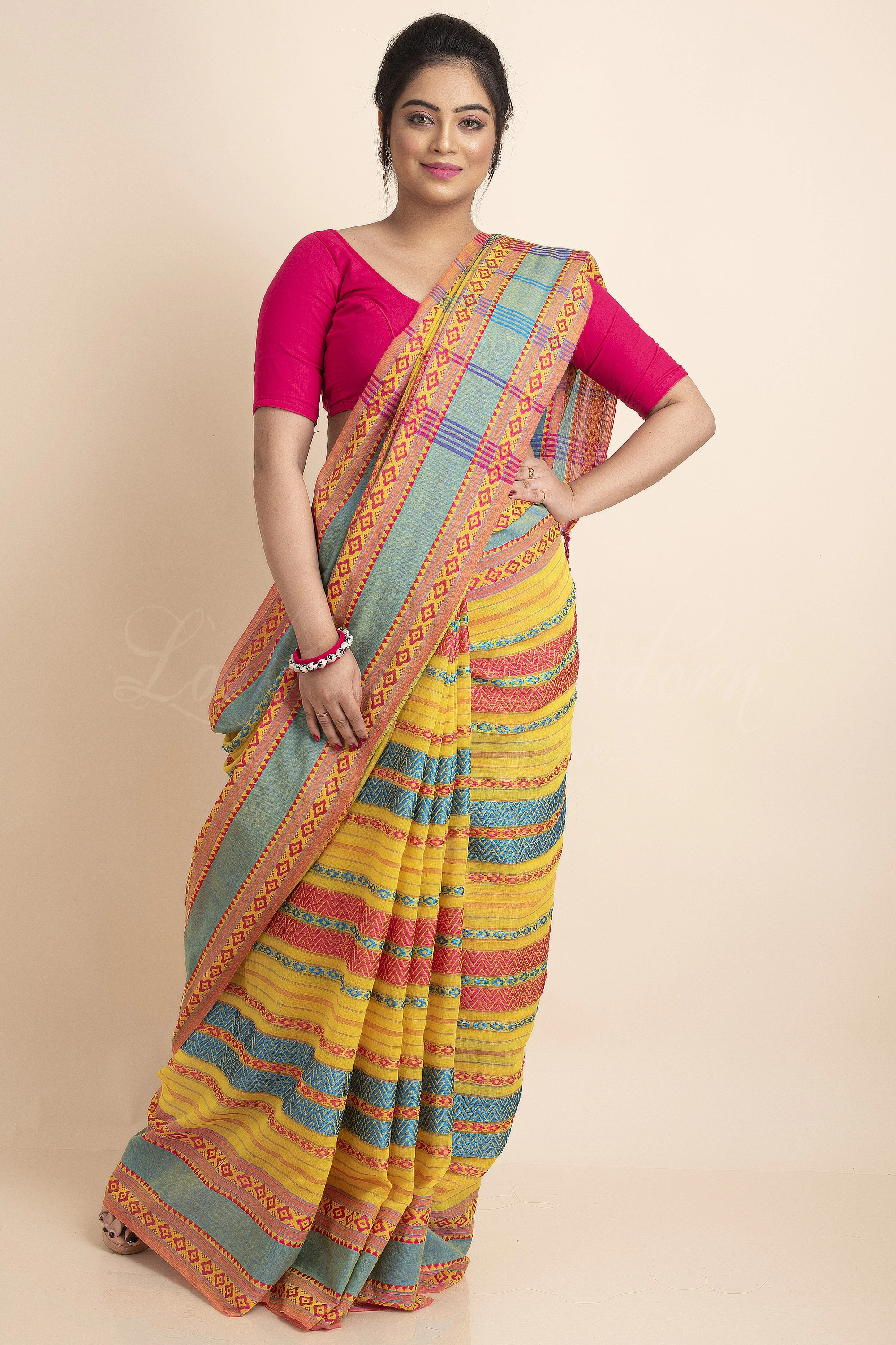 Yellow Blue Red Stripe Handwoven Cotton Begumpuri Mahapaar Saree with Blouse Piece-Yellow-Free-Cotton-Female-Adult-Sari-4