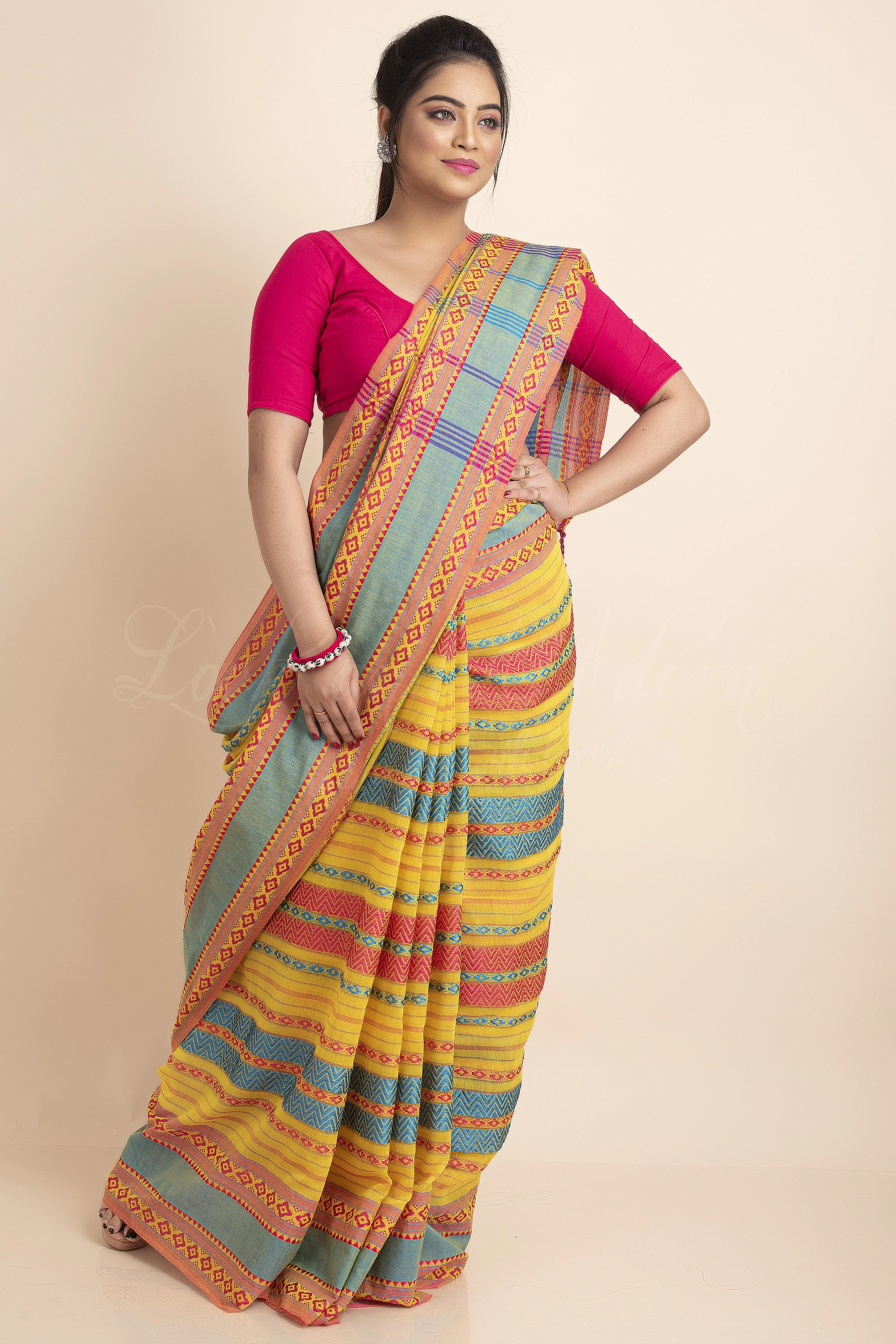 Yellow Blue Red Stripe Handwoven Cotton Begumpuri Mahapaar Saree with Blouse Piece-Yellow-Free-Cotton-Female-Adult-Sari-5