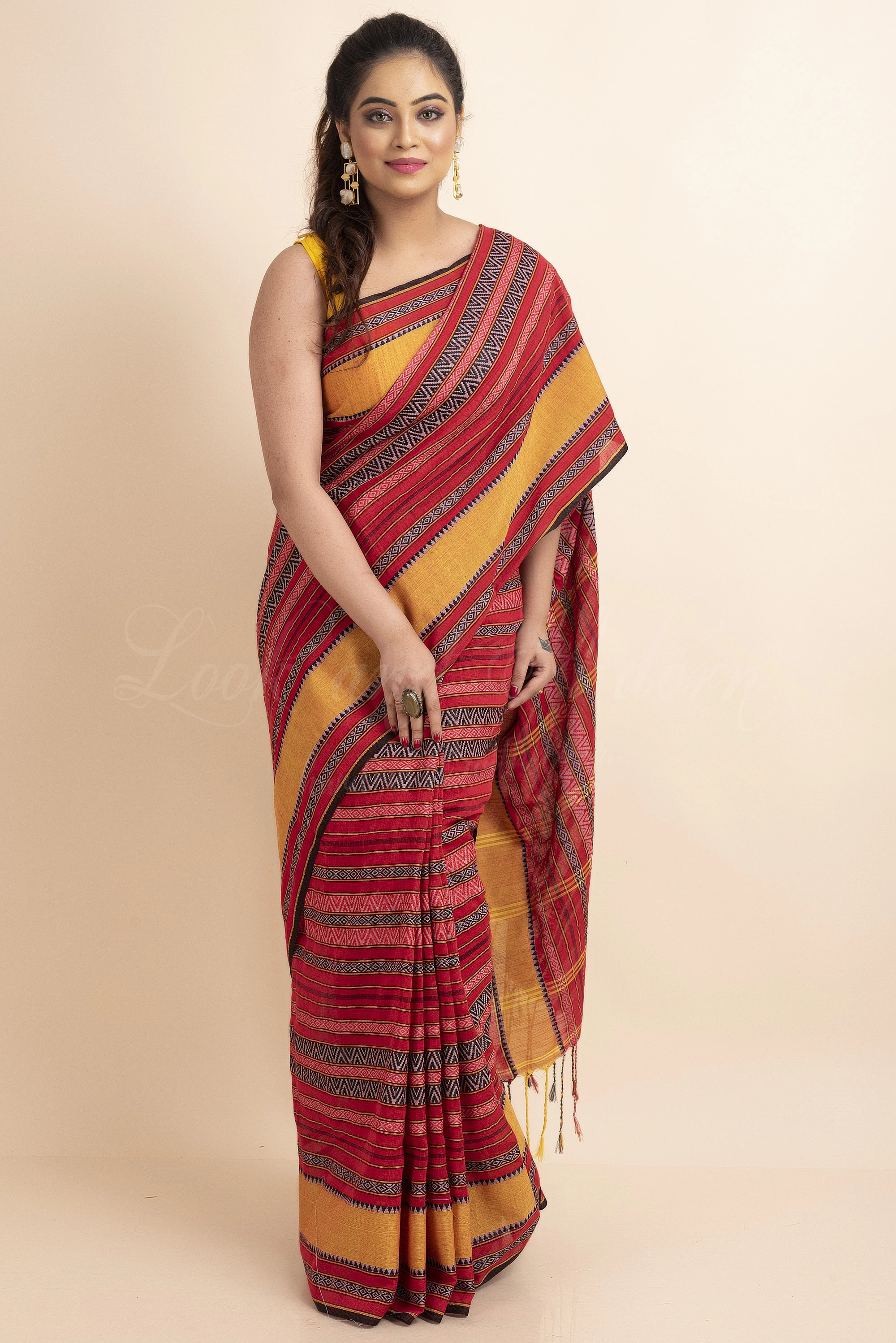 Red Yellow Stripe Handwoven Cotton Begumpuri Mahapaar Saree with Blouse Piece-LAAHKBSWBP022